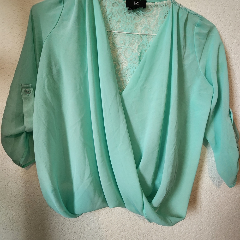 Iz Byer Green Wrap Blouse with 3/4 Sleeves